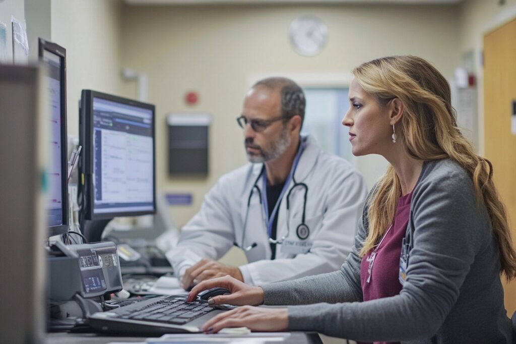 Un ingeniero biomédico revisando y auditoriando el estado de un equipo médico en un hospital, con una lista de verificación visible.